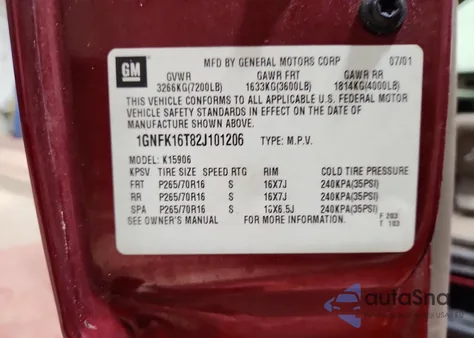 2002 Chevrolet Suburban K1500 z USA, uszkodzony, nr VIN 1GNFK16T82J101206